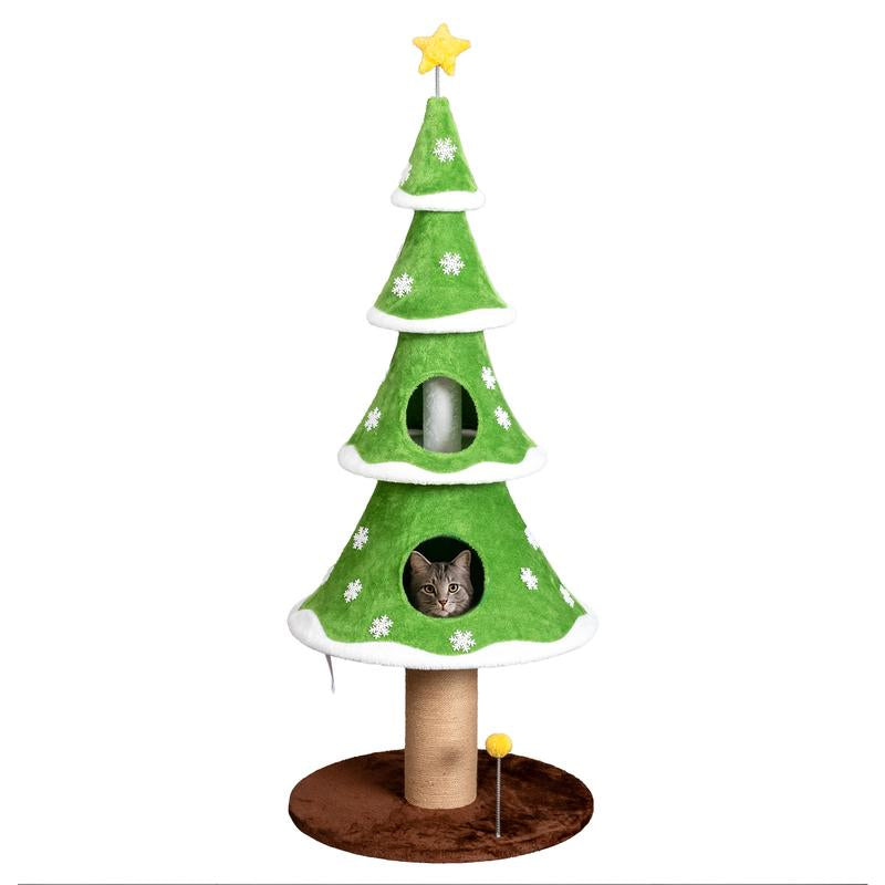 59In Large Tall Christmas Tree Cat Tower with 2 Cat Condos & Scratching Post, Soft Fleece Cat Tree with Teaser Toy & Sturdy Base & Built-In Openings for Indoor Cats, Green & White