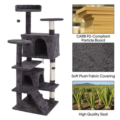 Pet Republic 55-In Multi-Level Cat Tree Tower Indoor Cat Condo for Kitten, Cozy Plush Pet Furniture W/Sisal Scratching Posts & Ladder & Dangling Balls, Dark Gray