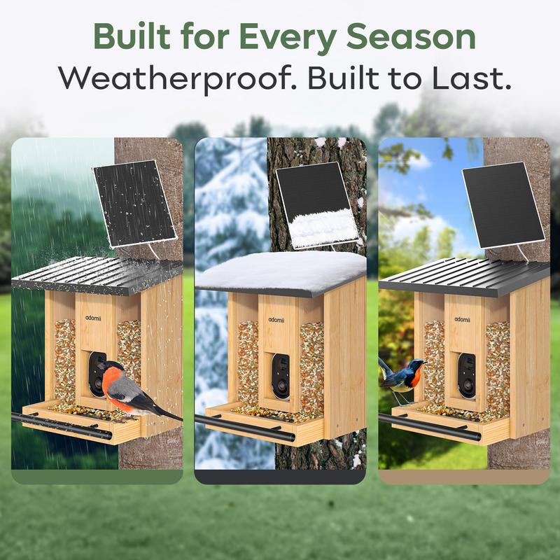 Adomii Smart Bird Feeder Camera Solar Powered with AI Bird Identification Live View HD Video Recording Cedarwood Gift for Bird Lovers & Families