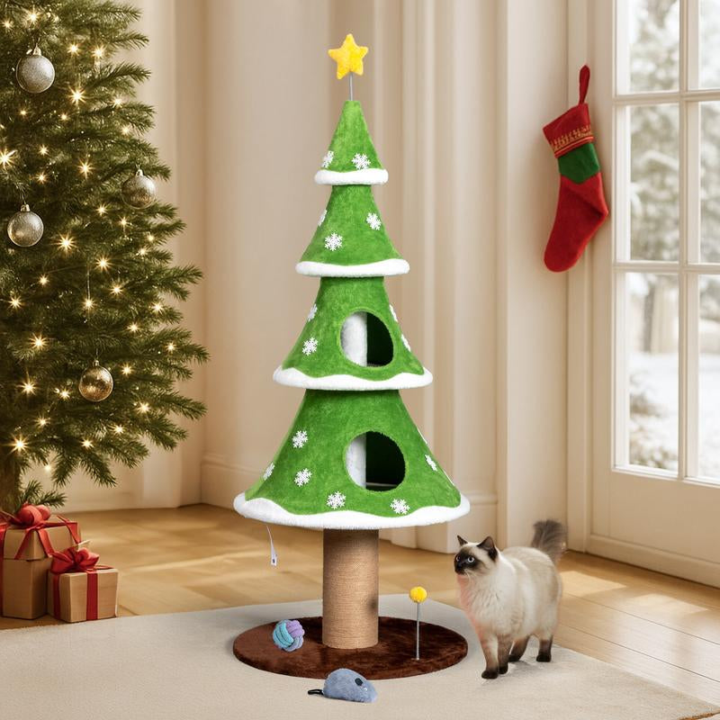 59In Large Tall Christmas Tree Cat Tower with 2 Cat Condos & Scratching Post, Soft Fleece Cat Tree with Teaser Toy & Sturdy Base & Built-In Openings for Indoor Cats, Green & White