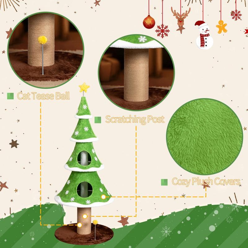 59In Large Tall Christmas Tree Cat Tower with 2 Cat Condos & Scratching Post, Soft Fleece Cat Tree with Teaser Toy & Sturdy Base & Built-In Openings for Indoor Cats, Green & White