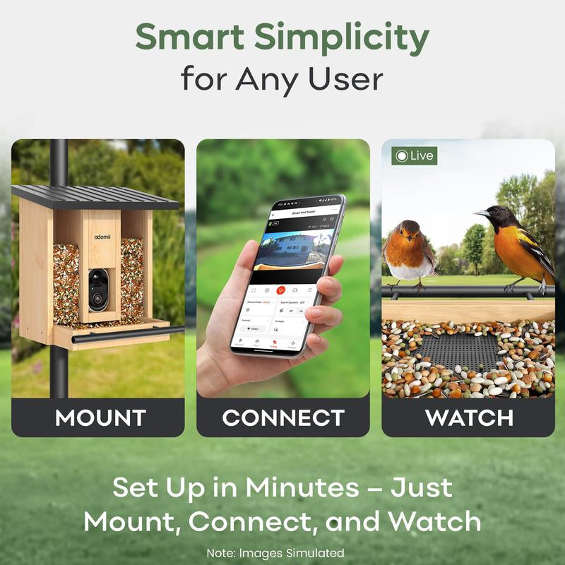 Adomii Smart Bird Feeder Camera Solar Powered with AI Bird Identification Live View HD Video Recording Cedarwood Gift for Bird Lovers & Families