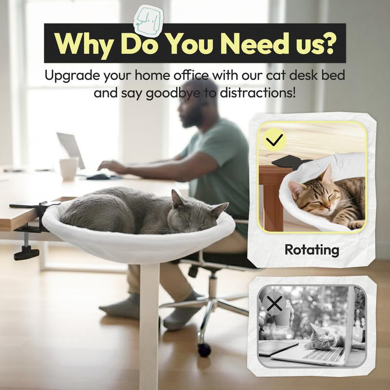 Clamp-On Cat Bed for Desk – Sturdy Iron Frame, Non-Slip Sponge Cushion Clamp, Super Soft Plush Bed, Fits Cats up to 50LBS, Easy Setup in Minutes