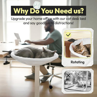 Clamp-On Cat Bed for Desk – Sturdy Iron Frame, Non-Slip Sponge Cushion Clamp, Super Soft Plush Bed, Fits Cats up to 50LBS, Easy Setup in Minutes