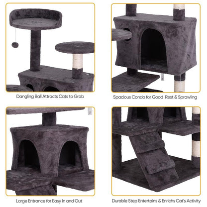 Pet Republic 55-In Multi-Level Cat Tree Tower Indoor Cat Condo for Kitten, Cozy Plush Pet Furniture W/Sisal Scratching Posts & Ladder & Dangling Balls, Dark Gray
