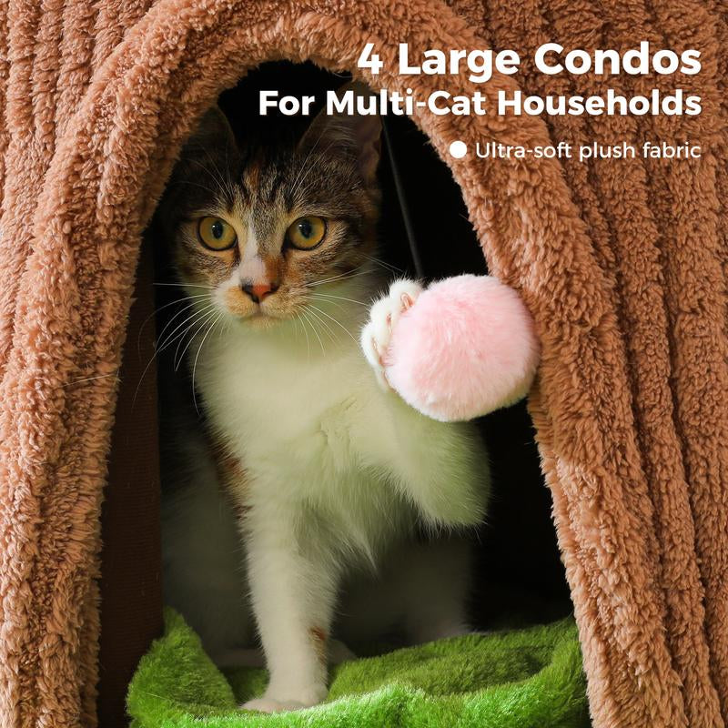 Brown Tree Trunk Cat Tree, 68..5-Inch Tall with Removable Pink Flower Top Perch, 5-Level Cat Tower with 4 Condos & Hanging Balls, Jungle-Themed Furniture