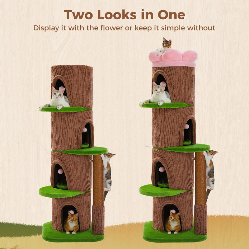 Brown Tree Trunk Cat Tree, 68..5-Inch Tall with Removable Pink Flower Top Perch, 5-Level Cat Tower with 4 Condos & Hanging Balls, Jungle-Themed Furniture
