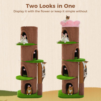 Brown Tree Trunk Cat Tree, 68..5-Inch Tall with Removable Pink Flower Top Perch, 5-Level Cat Tower with 4 Condos & Hanging Balls, Jungle-Themed Furniture