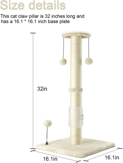 32" Tall Cat Scratching Post Sisal Rope Scratch Posts with Hanging Ball and Self-Massage Brush Vertical Scratcher for Indoor Cats and Kittens(Beige 32Inches)