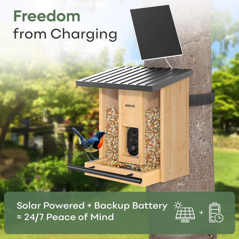 Adomii Smart Bird Feeder Camera Solar Powered with AI Bird Identification Live View HD Video Recording Cedarwood Gift for Bird Lovers & Families