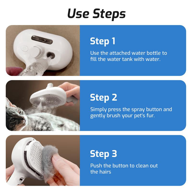 Pet 3-In-1 Spray Massage Comb for Cats & Dogs Prevents Static Electricity Removes Loose Hair with One Click Gentle Skin Care Steam Brush with Cool Mist Rechargeable Steam Pet Grooming Brush