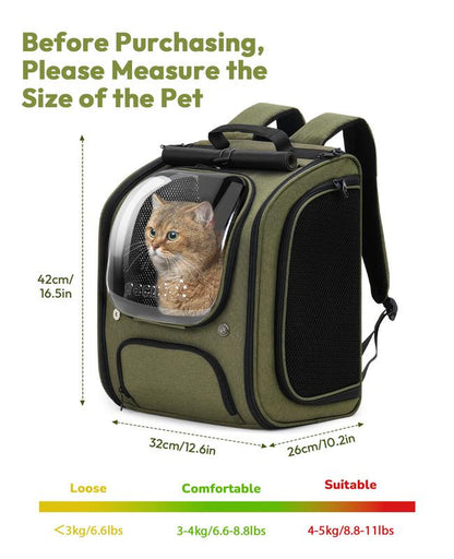 Pecute Cat Backpack Carrier Large Space Bubble Design for Travel Green Gray Khaki Ideal for Cat Lovers