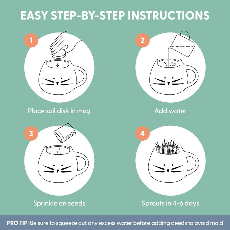Cat Grass Growing Kit with Cat Grass Seed - White Cat Mug Planter