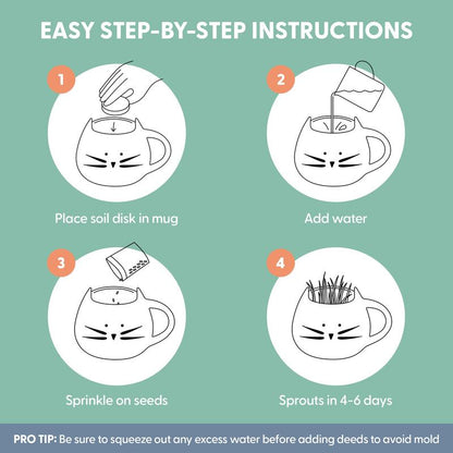 Cat Grass Growing Kit with Cat Grass Seed - White Cat Mug Planter