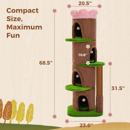Brown Tree Trunk Cat Tree, 68..5-Inch Tall with Removable Pink Flower Top Perch, 5-Level Cat Tower with 4 Condos & Hanging Balls, Jungle-Themed Furniture