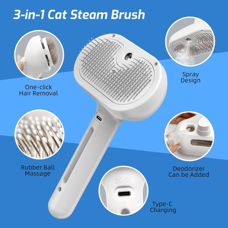 Pet 3-In-1 Spray Massage Comb for Cats & Dogs Prevents Static Electricity Removes Loose Hair with One Click Gentle Skin Care Steam Brush with Cool Mist Rechargeable Steam Pet Grooming Brush