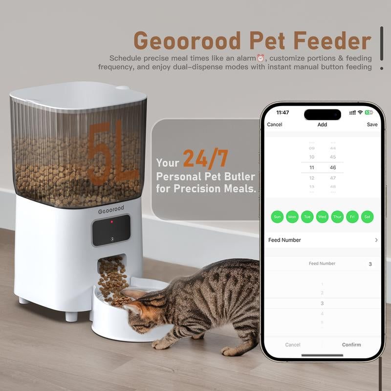 【Geoorood】5L Stainless Steel Automatic Cat Feeder, APP Remote Control, 2.4Ghz Wifi Only, Programmable Feeding for Dog and Cat