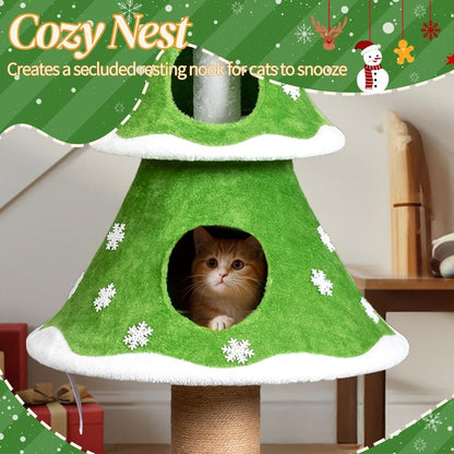 59In Large Tall Christmas Tree Cat Tower with 2 Cat Condos & Scratching Post, Soft Fleece Cat Tree with Teaser Toy & Sturdy Base & Built-In Openings for Indoor Cats, Green & White