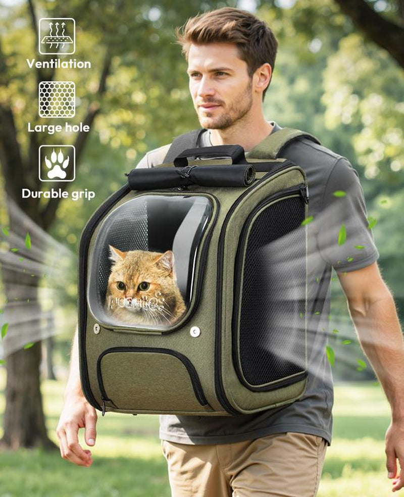 Pecute Cat Backpack Carrier Large Space Bubble Design for Travel Green Gray Khaki Ideal for Cat Lovers