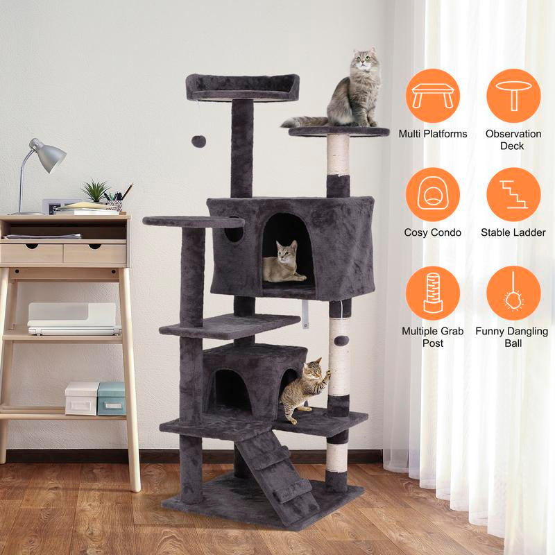 Pet Republic 55-In Multi-Level Cat Tree Tower Indoor Cat Condo for Kitten, Cozy Plush Pet Furniture W/Sisal Scratching Posts & Ladder & Dangling Balls, Dark Gray