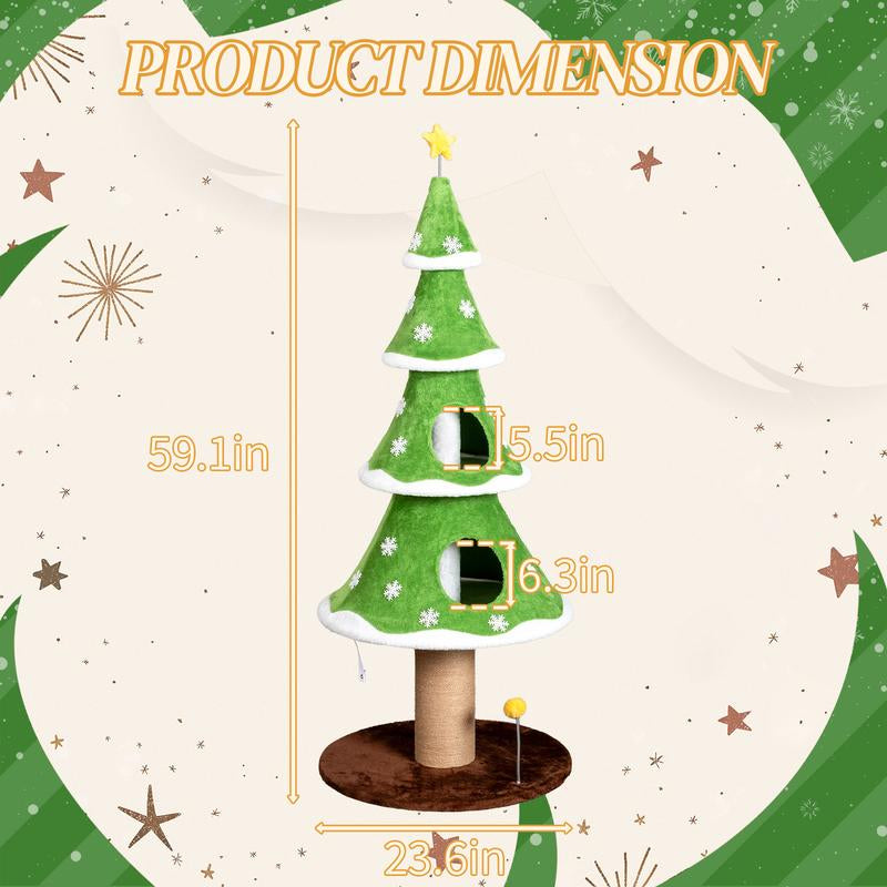 59In Large Tall Christmas Tree Cat Tower with 2 Cat Condos & Scratching Post, Soft Fleece Cat Tree with Teaser Toy & Sturdy Base & Built-In Openings for Indoor Cats, Green & White