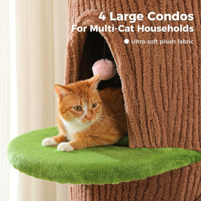 Brown Tree Trunk Cat Tree, 68..5-Inch Tall with Removable Pink Flower Top Perch, 5-Level Cat Tower with 4 Condos & Hanging Balls, Jungle-Themed Furniture