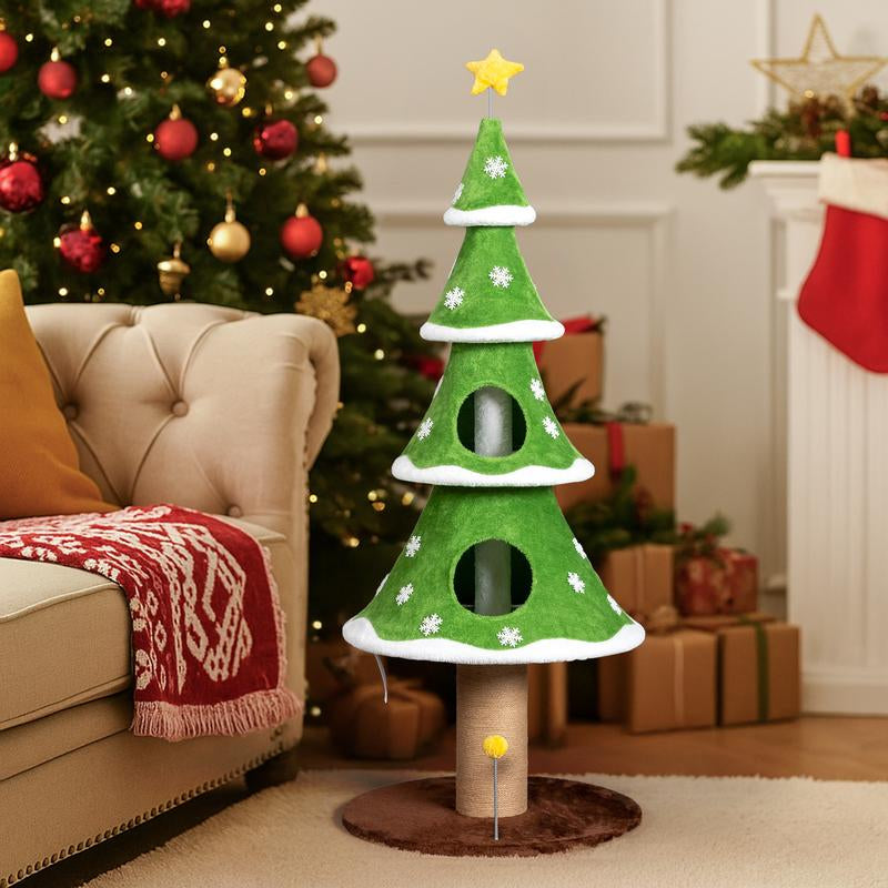 59In Large Tall Christmas Tree Cat Tower with 2 Cat Condos & Scratching Post, Soft Fleece Cat Tree with Teaser Toy & Sturdy Base & Built-In Openings for Indoor Cats, Green & White