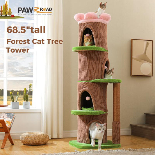 Brown Tree Trunk Cat Tree, 68..5-Inch Tall with Removable Pink Flower Top Perch, 5-Level Cat Tower with 4 Condos & Hanging Balls, Jungle-Themed Furniture