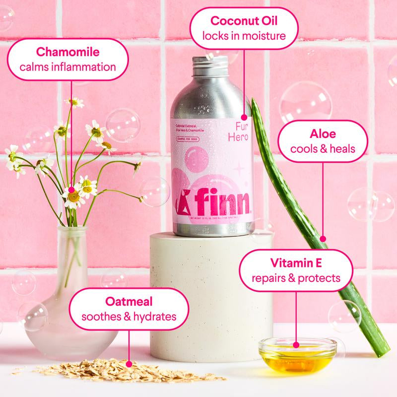 FINN Fur Hero Vet-Formulated Shampoo for Dogs with Aloe Vitamin E & Coconut Cleansers Natural Chamomile Scent Softens Shine First Use