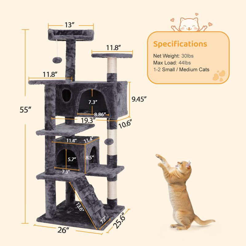 Pet Republic 55-In Multi-Level Cat Tree Tower Indoor Cat Condo for Kitten, Cozy Plush Pet Furniture W/Sisal Scratching Posts & Ladder & Dangling Balls, Dark Gray
