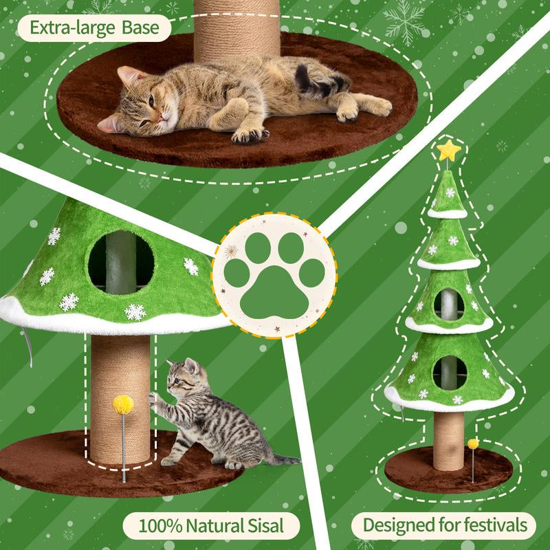 59In Large Tall Christmas Tree Cat Tower with 2 Cat Condos & Scratching Post, Soft Fleece Cat Tree with Teaser Toy & Sturdy Base & Built-In Openings for Indoor Cats, Green & White