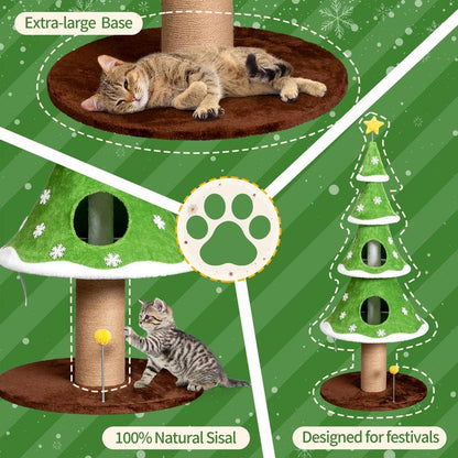 59In Large Tall Christmas Tree Cat Tower with 2 Cat Condos & Scratching Post, Soft Fleece Cat Tree with Teaser Toy & Sturdy Base & Built-In Openings for Indoor Cats, Green & White