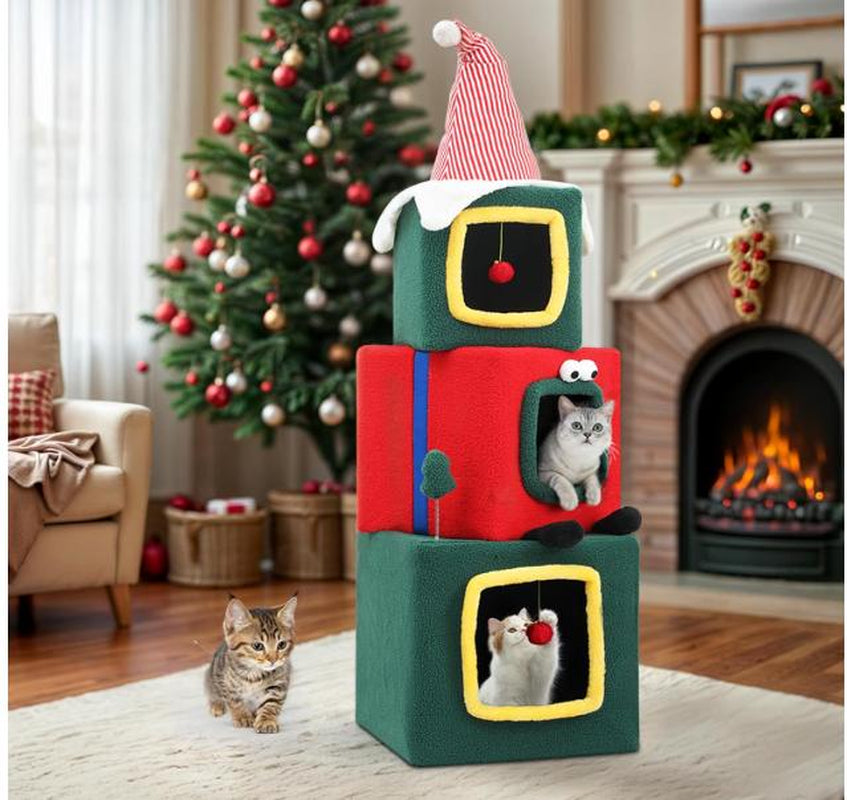 Yitahome 60" Christmas Cat Tree with 3 Cat House, Cat Tower for Indoor Cats with Cat Condos, Cute Cat Tree with Plush Ball, Christmas Tree Cat House