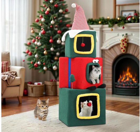 Yitahome 60" Christmas Cat Tree with 3 Cat House, Cat Tower for Indoor Cats with Cat Condos, Cute Cat Tree with Plush Ball, Christmas Tree Cat House