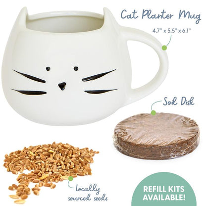 Cat Grass Growing Kit with Cat Grass Seed - White Cat Mug Planter