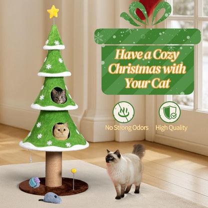 59In Large Tall Christmas Tree Cat Tower with 2 Cat Condos & Scratching Post, Soft Fleece Cat Tree with Teaser Toy & Sturdy Base & Built-In Openings for Indoor Cats, Green & White
