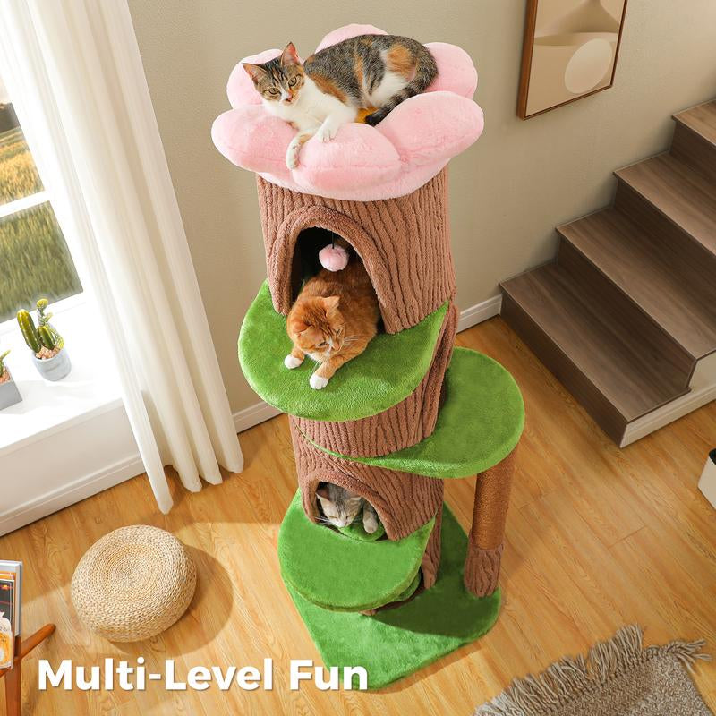 Brown Tree Trunk Cat Tree, 68..5-Inch Tall with Removable Pink Flower Top Perch, 5-Level Cat Tower with 4 Condos & Hanging Balls, Jungle-Themed Furniture