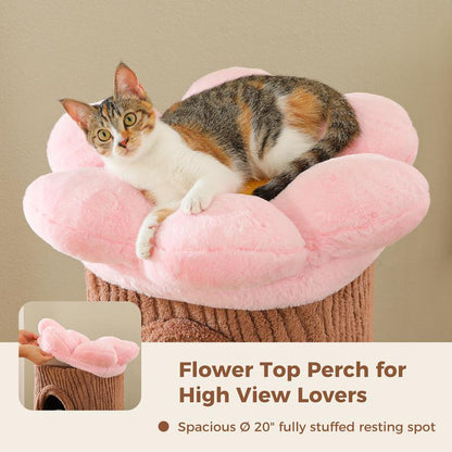 Brown Tree Trunk Cat Tree, 68..5-Inch Tall with Removable Pink Flower Top Perch, 5-Level Cat Tower with 4 Condos & Hanging Balls, Jungle-Themed Furniture