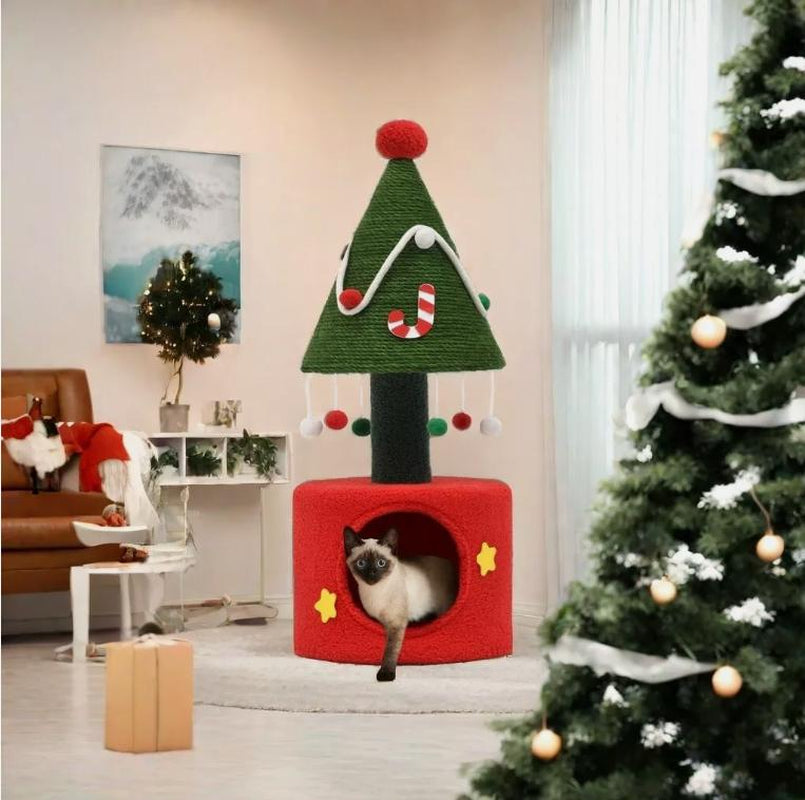 Yitahome 60" Christmas Cat Tree with 3 Cat House, Cat Tower for Indoor Cats with Cat Condos, Cute Cat Tree with Plush Ball, Christmas Tree Cat House