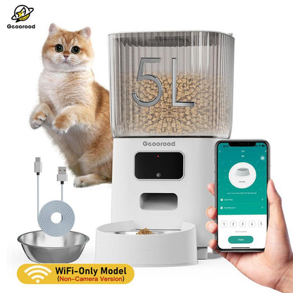 【Geoorood】5L Stainless Steel Automatic Cat Feeder, APP Remote Control, 2.4Ghz Wifi Only, Programmable Feeding for Dog and Cat